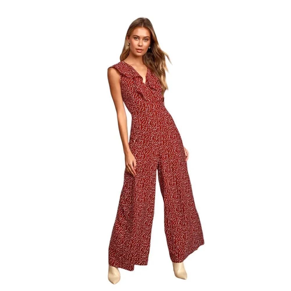 Lulus Fondest Memories Wine Red Polka Dot Sleeveless Ruffled Jumpsuit Women's Si
